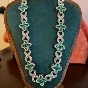 Make a Statement!  Silver & Green Clover Bling Necklace. 18” of Fabulous!